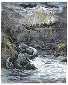 The Creation of Fish and Birds, Bible engraving by Dore, 19th cent. FRANCE The Creation of Fish and Birds, Bible engraving by Dore, 19th cent. FRANCE
