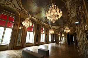 Crystal chandeliers decorating the main hall of Galerie-Musee Baccarat. Paris. France Crystal chandeliers decorating the main hall of Galerie-Musee Baccarat. Paris. France