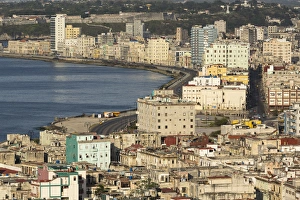 Cuba, Havana. An elevated view of the city skyline showing the bay and Malecon Cuba, Havana. An elevated view of the city skyline showing the bay and Malecon