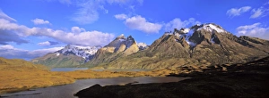 Cumbres, Torres and Cuernos del Paine in the Paine Mountains during sunrise with Lago Cumbres, Torres and Cuernos del Paine in the Paine Mountains during sunrise with Lago