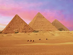 Camel Gallery: Egypt, Cairo, Giza, View of all three Great Pyramids at sunset