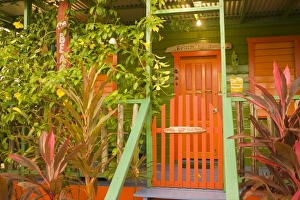 Entrance to beach house painted in bright colors, Placencia, Stann Creek District, Belize Entrance to beach house painted in bright colors, Placencia, Stann Creek District, Belize