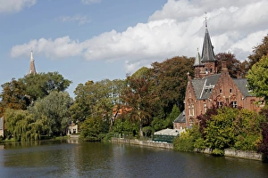 Europe, Belgium, Brugges. Brick church on Minnewater Europe, Belgium, Brugges. Brick church on Minnewater