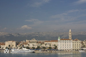Europe, Croatia, Dalmatia, Split. Waterfront promenade (known as the Riva), and ferry boat Europe, Croatia, Dalmatia, Split. Waterfront promenade (known as the Riva), and ferry boat