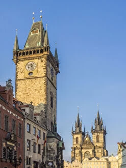 Images Dated 23rd April 2014: Europe, Czech Republic, Prague. Cityscape view on the clock tower and Tyn cathedral