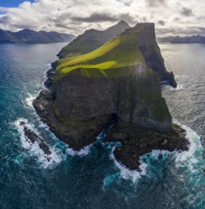 Europe, Faroe Islands. Aerial view of Trollanes, location of a lighthouse on the northern Europe, Faroe Islands. Aerial view of Trollanes, location of a lighthouse on the northern
