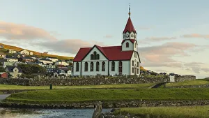 Europe, Faroe Islands. View of the Sandavags kirkja, a church in the village of Europe, Faroe Islands. View of the Sandavags kirkja, a church in the village of