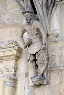 Europe, Germany, Bavaria, Bamberg, Statue at entrance to Alte Hofhaltung the old court