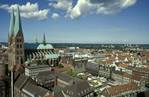 Images Dated 23rd September 2004: Europe, Germany, Lubeck. Old city center, Kohl market square. St. Marien church on left