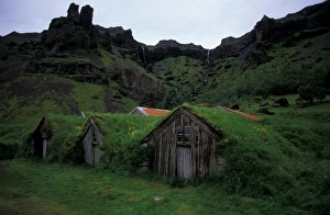 Europe, Iceland, Lomagnupur Mountains, famous Nupsstadur Farm, old grass-covered huts Europe, Iceland, Lomagnupur Mountains, famous Nupsstadur Farm, old grass-covered huts