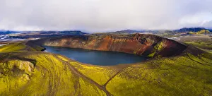 Europe, Iceland. Panoramic aerial view of Ljotipollur, a caldera lake in the highlands of Europe, Iceland. Panoramic aerial view of Ljotipollur, a caldera lake in the highlands of