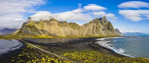 Europe, Iceland. Panoramic aerial view of the black sand beach Europe, Iceland. Panoramic aerial view of the black sand beach