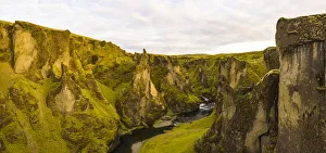 Europe, Iceland. Panoramic aerial view of the canyon Fjadrargljufur Europe, Iceland. Panoramic aerial view of the canyon Fjadrargljufur