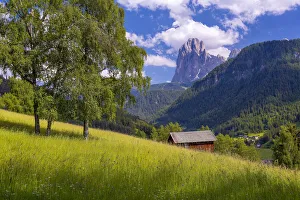 Europe, Italy, Dolomites, Val Gardena. Mountain and valley landscape Europe, Italy, Dolomites, Val Gardena. Mountain and valley landscape