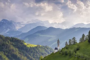 Europe, Italy, Dolomites, Wengen. Landscape with Chapel of St. Barbara. Credit as Europe, Italy, Dolomites, Wengen. Landscape with Chapel of St. Barbara. Credit as
