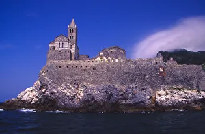 Europe, Italy, Gulf of Genoa. Church of St. Peter on cliff upon entering town of Europe, Italy, Gulf of Genoa. Church of St. Peter on cliff upon entering town of