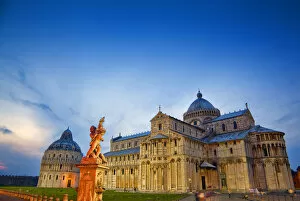 Images Dated 12th May 2011: Europe, Italy, Pisa. Pisa Cathedral and statue at sunset