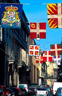 Europe, Italy, Turin. Banners, flags on the streets Europe, Italy, Turin. Banners, flags on the streets