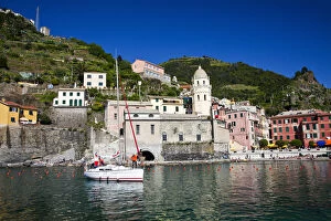 Images Dated 24th May 2010: Europe; Italy; Vernazza; Sail Boat landing at the City and Church of Santa Margherita