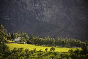 Europe, Norway, Flam. Sunlit farm in Flam mountains Europe, Norway, Flam. Sunlit farm in Flam mountains
