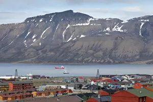Images Dated 9th July 2012: Europe, Norway, Svalbard, Longyearbyen. Overlooking the town and harbor. Credit as