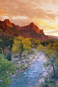 Evening light on Watchman Peak above the Virgin River, Zion Canyon, Zion National Park Evening light on Watchman Peak above the Virgin River, Zion Canyon, Zion National Park