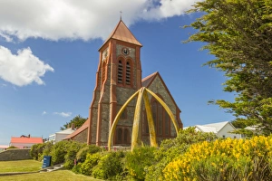 Falkland Islands Gallery: Falkland Islands, East Falkland, Stanley. Christ Church Cathedral and whalebone arch