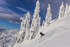 First Tracks on Evans Heaven on sunny powder morning at Whitefish Mountain Resort First Tracks on Evans Heaven on sunny powder morning at Whitefish Mountain Resort