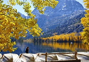 Fishing boats and bright aspens at Silver Lake on Californias June Lake Loop Fishing boats and bright aspens at Silver Lake on Californias June Lake Loop