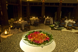 Floral arrangements in dining room on resort in Fregate Island (PR) Floral arrangements in dining room on resort in Fregate Island (PR)
