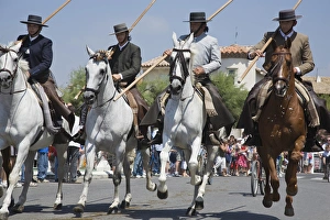 France, Camargue, Saintes-Maries-de-la-Mer. Horseman and horses ride down the main France, Camargue, Saintes-Maries-de-la-Mer. Horseman and horses ride down the main