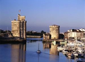 France, La Rochelle, Vieux Port, Tour Saint-Nicolas, Tour de la Chaine, Boats moored France, La Rochelle, Vieux Port, Tour Saint-Nicolas, Tour de la Chaine, Boats moored