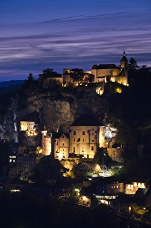 France, Midi-Pyrenees Region, Lot Department, Rocamadour, elevated town view, dusk France, Midi-Pyrenees Region, Lot Department, Rocamadour, elevated town view, dusk