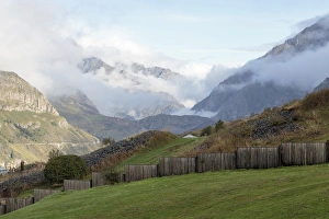 Georgia, Mtskheta, Stepantsminda. The Kazbegi Mountain range, which acts as the border Georgia, Mtskheta, Stepantsminda. The Kazbegi Mountain range, which acts as the border