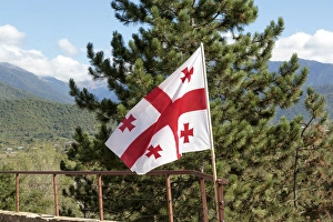 Georgia, Telavi. The Georgian flag flying at Gremi Monastery Georgia, Telavi. The Georgian flag flying at Gremi Monastery
