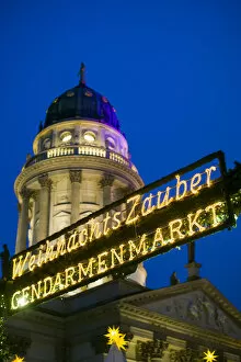 Images Dated 26th December 2013: Germany, Berlin, Mitte, Gendarmenmarkt, Christmas market, sign with Deutscher Dom, dusk
