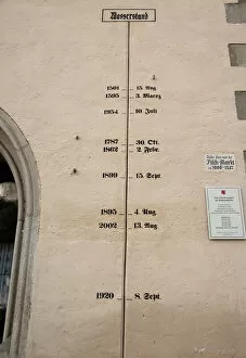 Images Dated 18th September 2009: Germany, Passau. High water flood marker on the side wall of the Old Town Hall tower
