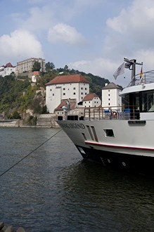 Germany, Passau. Viking Legend riverboat on the Danube in front of historic Germany, Passau. Viking Legend riverboat on the Danube in front of historic