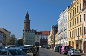 Gorlitz Germany border of Germany Poland city downtown and Reichenbacher Church steeple Gorlitz Germany border of Germany Poland city downtown and Reichenbacher Church steeple