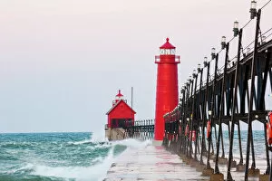 Michigan Gallery: Grand Haven South Pier Lighthouse at sunrise on Lake Michigan, Ottawa County, Grand Haven