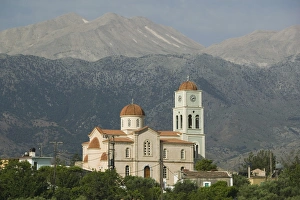 GREECE-CRETE-Hania Province-Kalamitsi Amigdalou: Town Church with Lefka Ori Mountains GREECE-CRETE-Hania Province-Kalamitsi Amigdalou: Town Church with Lefka Ori Mountains