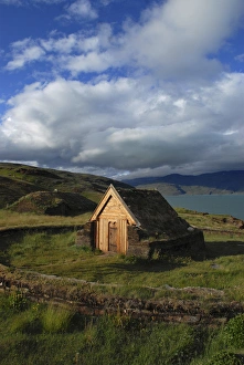 Greenland, Eriks Fjord, Brattahlid. Replica of Thjodhilds Church originally Greenland, Eriks Fjord, Brattahlid. Replica of Thjodhilds Church originally