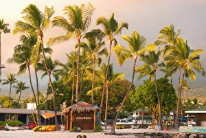 Hawaii, Big Island, Kona-Kailua. Beach shack and kayaks outside the King Kamehameha Hotel Hawaii, Big Island, Kona-Kailua. Beach shack and kayaks outside the King Kamehameha Hotel