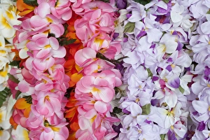 Hawaiian flower garlands display at market place Hawaiian flower garlands display at market place