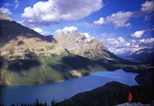 Hiker in red jacket overlooking Peyto Lake, Banff National Park, Canada Hiker in red jacket overlooking Peyto Lake, Banff National Park, Canada