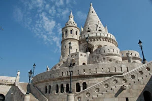 Castle Hill Gallery: Hungary, capital city of Budapest. Buda, Castle Hill, castle towers of the Fishermens Bastion