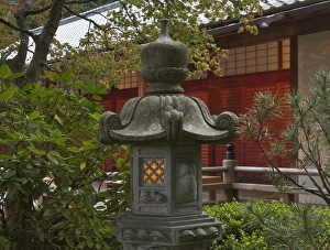 Illuminated stone lantern and pavillion in Portland Japanese Garden, Oregon Illuminated stone lantern and pavillion in Portland Japanese Garden, Oregon