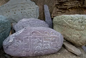 Images Dated 24th June 2012: India, Jammu & Kashmir, Ladakh, Lamayuru on the Srinagar-Kargil-Leh road prayer stones