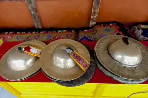 Images Dated 30th June 2012: India, Jammu & Kashmir, Ladakh, three sets of brass cymbals at Hemis Monastery