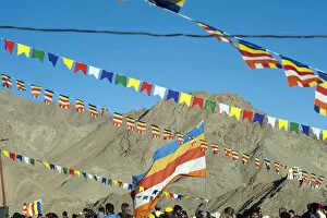 Images Dated 18th September 2011: India, Ladakh, Leh, prayer flags at Shanti Stupa